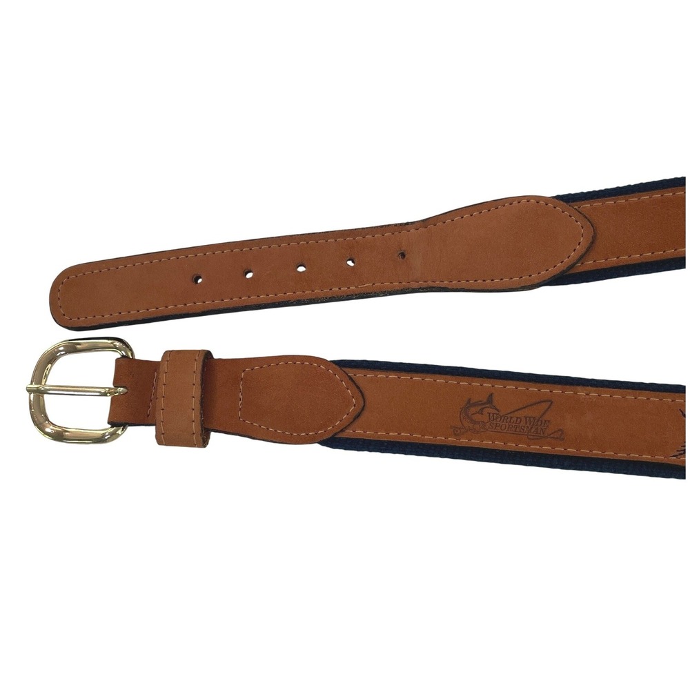 World Wide Sportsman Men Belt Leather Embroidered Sailfish 44 Brown Navy Boating - Picture 5 of 5